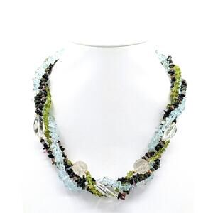 Torsade Strands Topaz Chip & Carved Peridot & Multi Gem Gold Tone Clasp Necklace